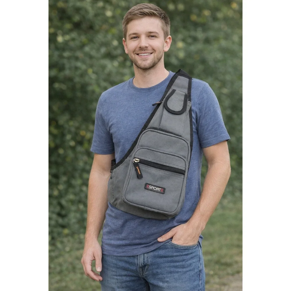 Sport Sling‎ Crossbody Bag Fanny Pack Gray Canvas Multi-Pocket Travel Commuter